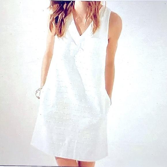 Loft Sleeveless Textured Tweed V Neck Cotton Shift Career Dress White Size 8 - Picture 1 of 16